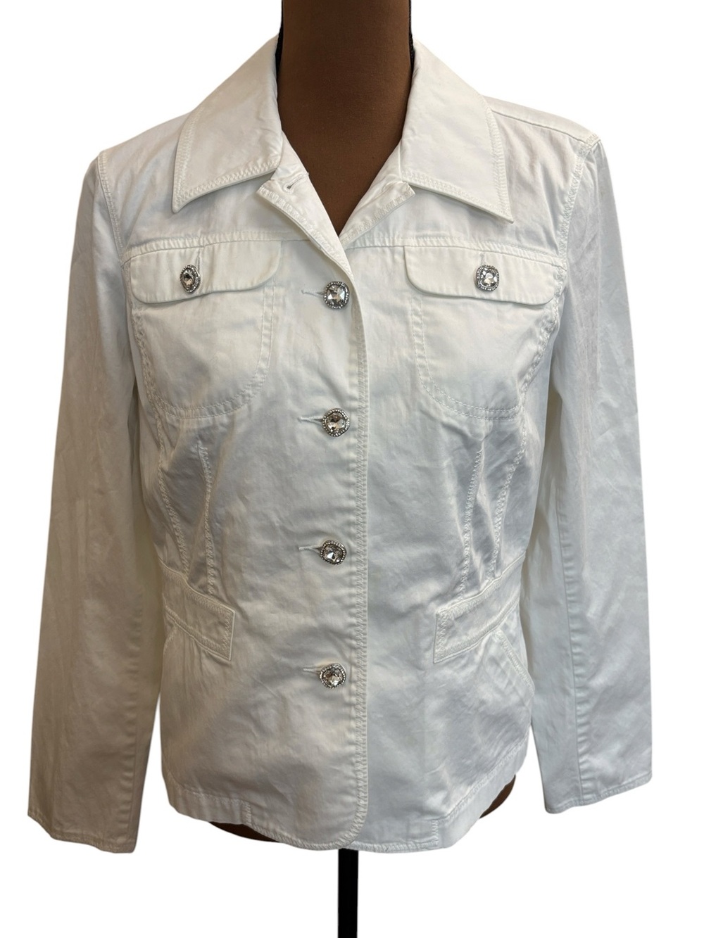 Sigrid Olsen White Cropped Canvas Blazer Jacket‎ Rhinestone Buttons Size 6